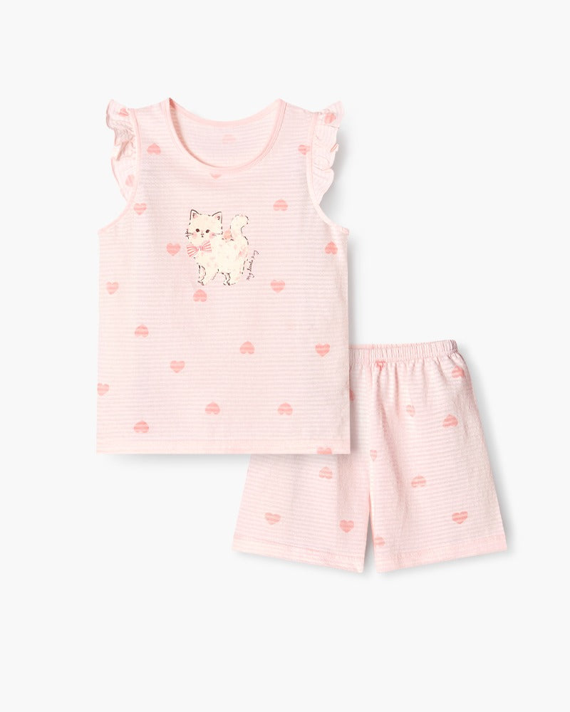 Pink Cat Breathable Cotton Sleeveless Set